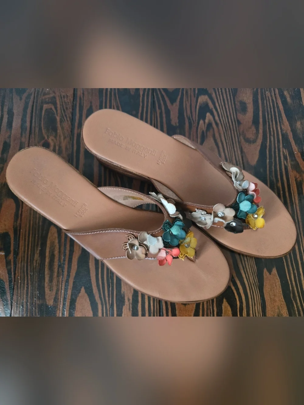 Fabio Maggenti Italy Floral Leather Wedge Thong Sandals Size 9.5 Brown 2